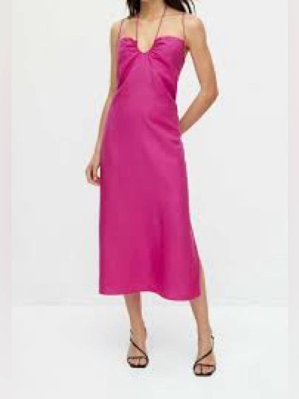 Massimo Dutti Fuchsia Pink Linen Blend Strappy Straps Midi Dress Slip Dress Sz M - Picture 6 of 16